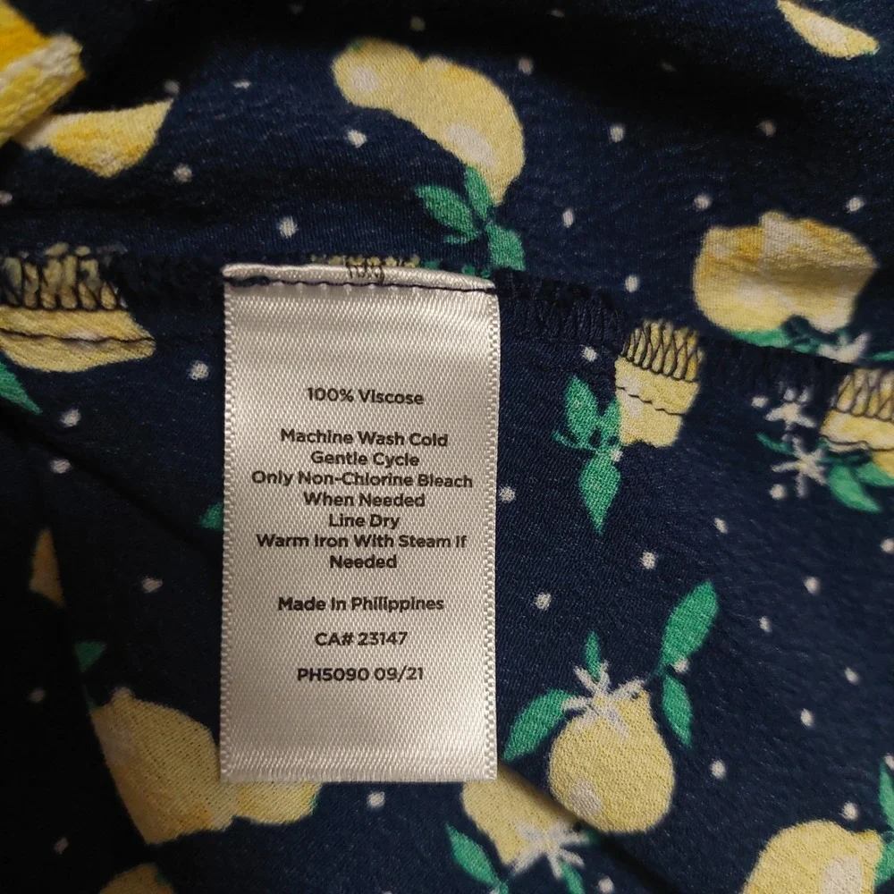 Talbots Shirt Dress 14 Navy Yellow Lemons Button Front Belted Midi Cottage Core - Picture 11 of 12